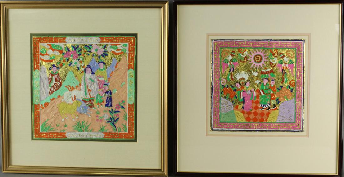 Two Antique Chinese Firecracker Labels: Two antique Chinese Folk Art embossed gold foil firecracker labels, each hand painted, probably from the Canton region of Kwangtung Province around 1900. Few of this quality and condition survive due 