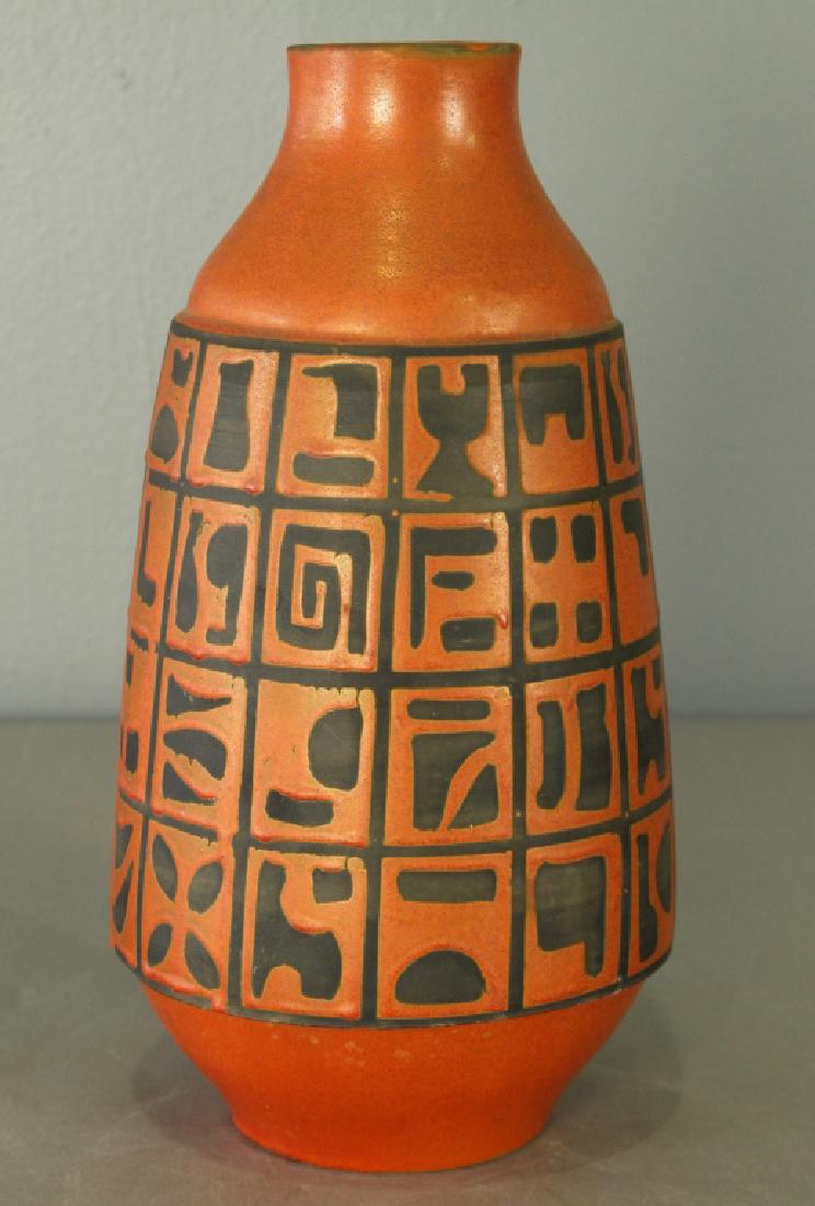 Raymor Pottery Vase, Mid-Century Design: Raymor Pottery vase, mid-century modern, orange and black geometric abstract design in panel grid, signed "R 440 Italy" and original paper label, 13", good condition.