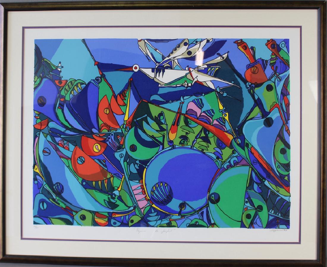 Jose Maria Mijares, 1921-2004: Jose Maria Mijares, Cuban 1921-2004, limited edition lithograph, "Pajaro de Papel", signed and dated 1998 lower right in pencil, image 32" x 25", frame 39" x 31", excellent condition.
