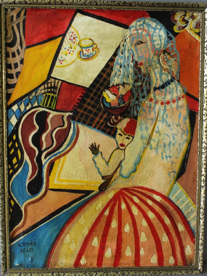 Bela Kadar, Hungarian 1877-1956: Bela Kadar, Hungarian 1877-1956, oil on canvas, Cubist/Modernist/Art Deco influence, this painting depicts a woman with child in lap at dining table with cup and plate of food, image 20" x 27", frame 