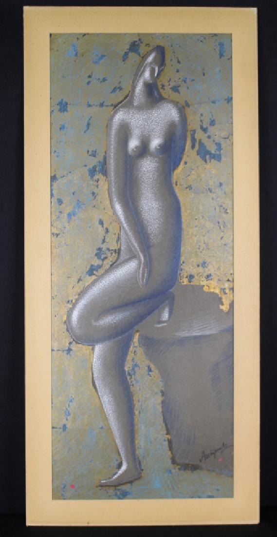 Alexander Archipenko, 1887-1994: Alexander Archipenko, 1887-1994, pencil, ink and mixed media on paper board, 1948, stylized nude entitled "Susanne" (label en verso), image 29" x 11.5", in original frame 35.5" x 17.5". Full nude figu