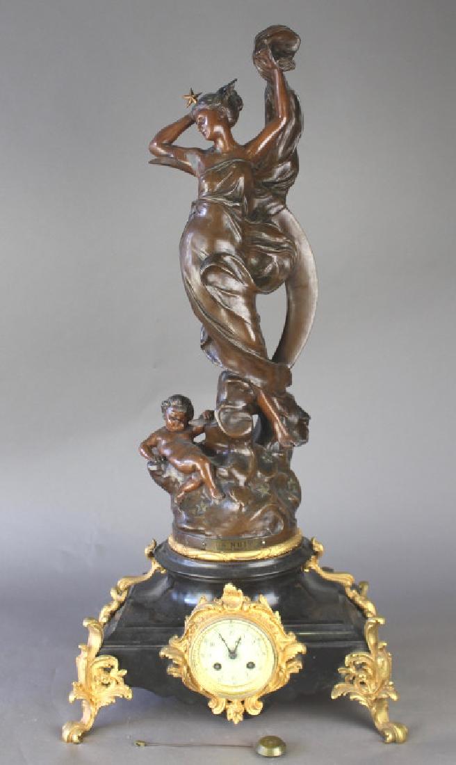 P. Japy et Co. French Figural Clock: P. Japy et Co. French figural clock, c. 1896, great Art Nouveau figure, metal with bronze patina "La Nuit' by Luca Madrassi, 1848-1919 on top with label reading "Medaille au Salon 1896", clock has por