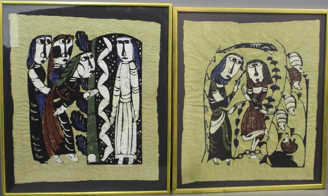 Sadao Watanabe, 1913-1996: Sadao Watanabe, 1913-1996, two modern stenciled biblical prints on momigami paper, both signed and dated in white ink, similar 26.5" x 30.5" frames, both is fine condition.