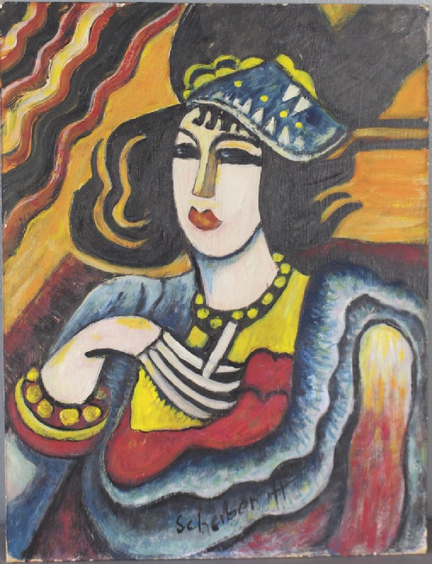Hugo Scheiber, Hungarian, 1873-1950: Hugo Scheiber, Hungarian, 1873-1950, oil on board, "Woman with Cigarette", 17.5" x 13.25", unframed, very Art Deco stylized elegant lady with cigarette, signed lower quarter. Some minor chipping on ed