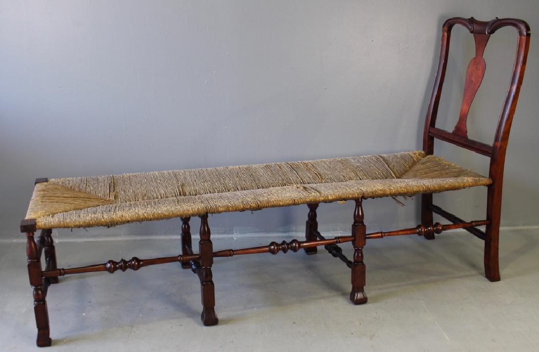 Rare William & Mary Style Daybed c. 1876: Rare and unusual William & Mary style daybed, c. 1876, (we feel this is a Centennial reproduction of Early American design). Turned stretchers supporting 8 Spanish foot legs, splat backrest, woven rus