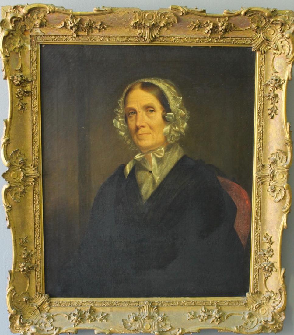 Oil on Canvas Portrait: Antique oil on canvas portrait of matronly lady, black overcoat, lace and bow bonnet, sitting in red chair, in apparently original gold gesso period frame, image 24" x 30", frame 27" x 33", no visible