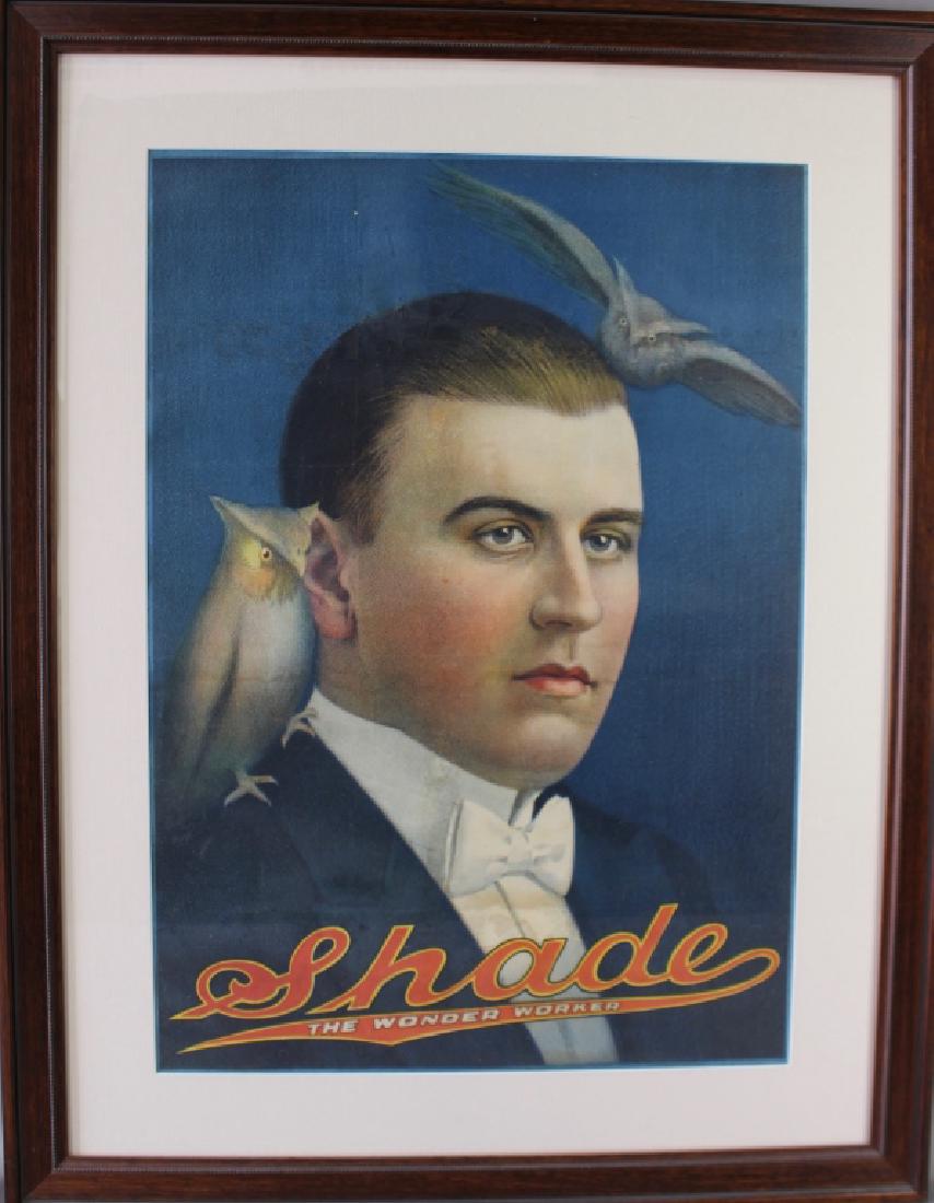 "Shade the Wonder Worker", Chromolithograph: "Shade the Wonder Worker", chromolithograph of George Shade, magician, c. 1930s, of Shamokin, PA. Image 18" x 25.5", frame 26.75" x 34.5". Good condition, not examined out of frame.