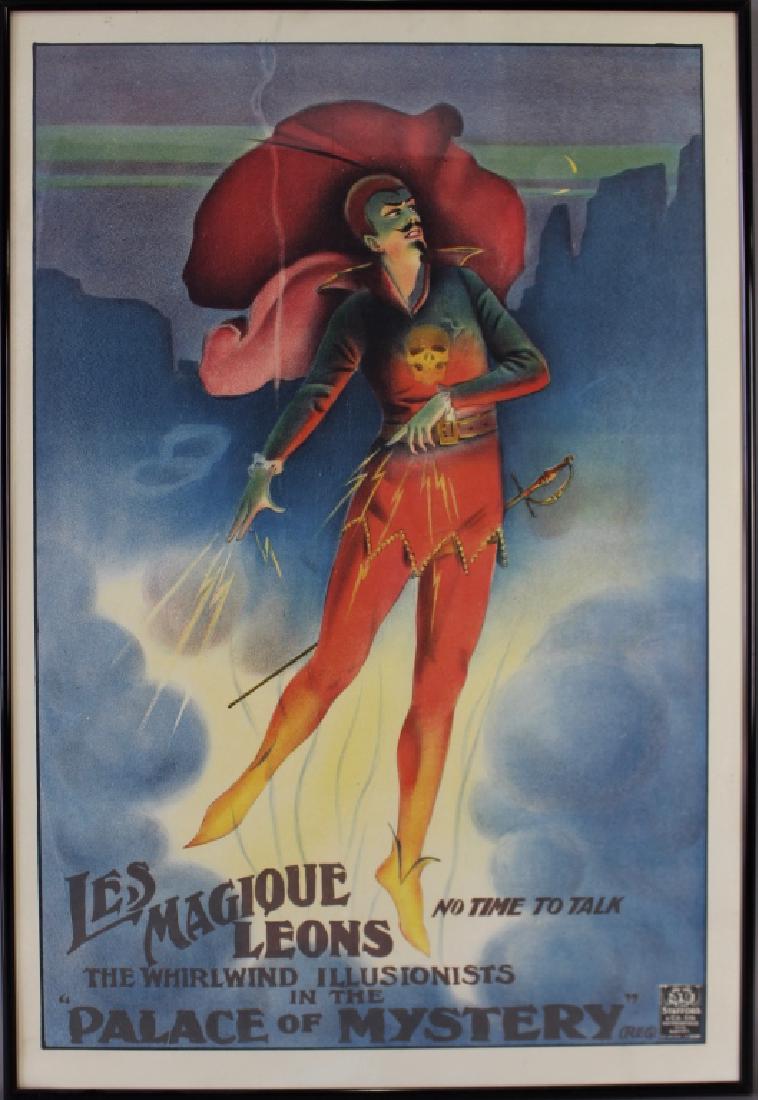 "Les Magique Leons" c. 1925 Poster: "Les Magique Leons, The Whirlwind Illusionists in the Palace of Mystery", stock poster c, 1925 by Stafford & Co. Ltd. Depicts red caped devilish character with lightening bolts at his fingertips. Very