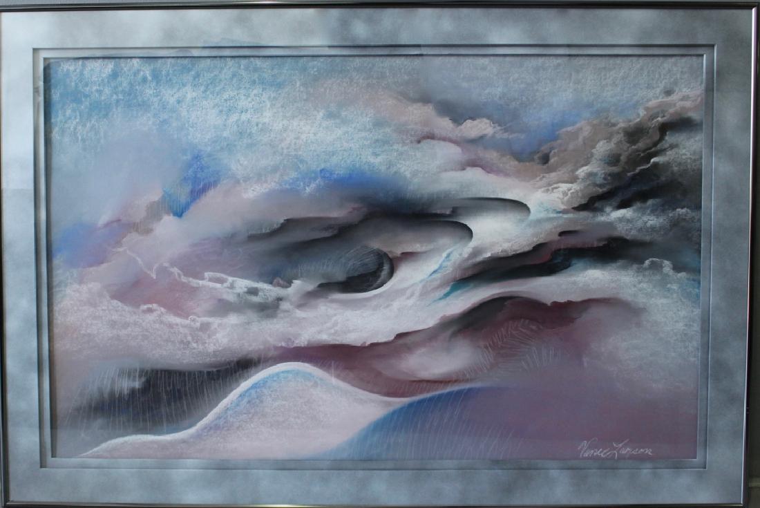 Vance Larson, 1951-2010: Vance Larson, 1951-2010, California artist, surreal acrylic pastel on paper, "Darling Elusive", image 51" x 33", in double matted frame 60" x 40", signed lower right, c. 1987, with COA and 2014 apprai