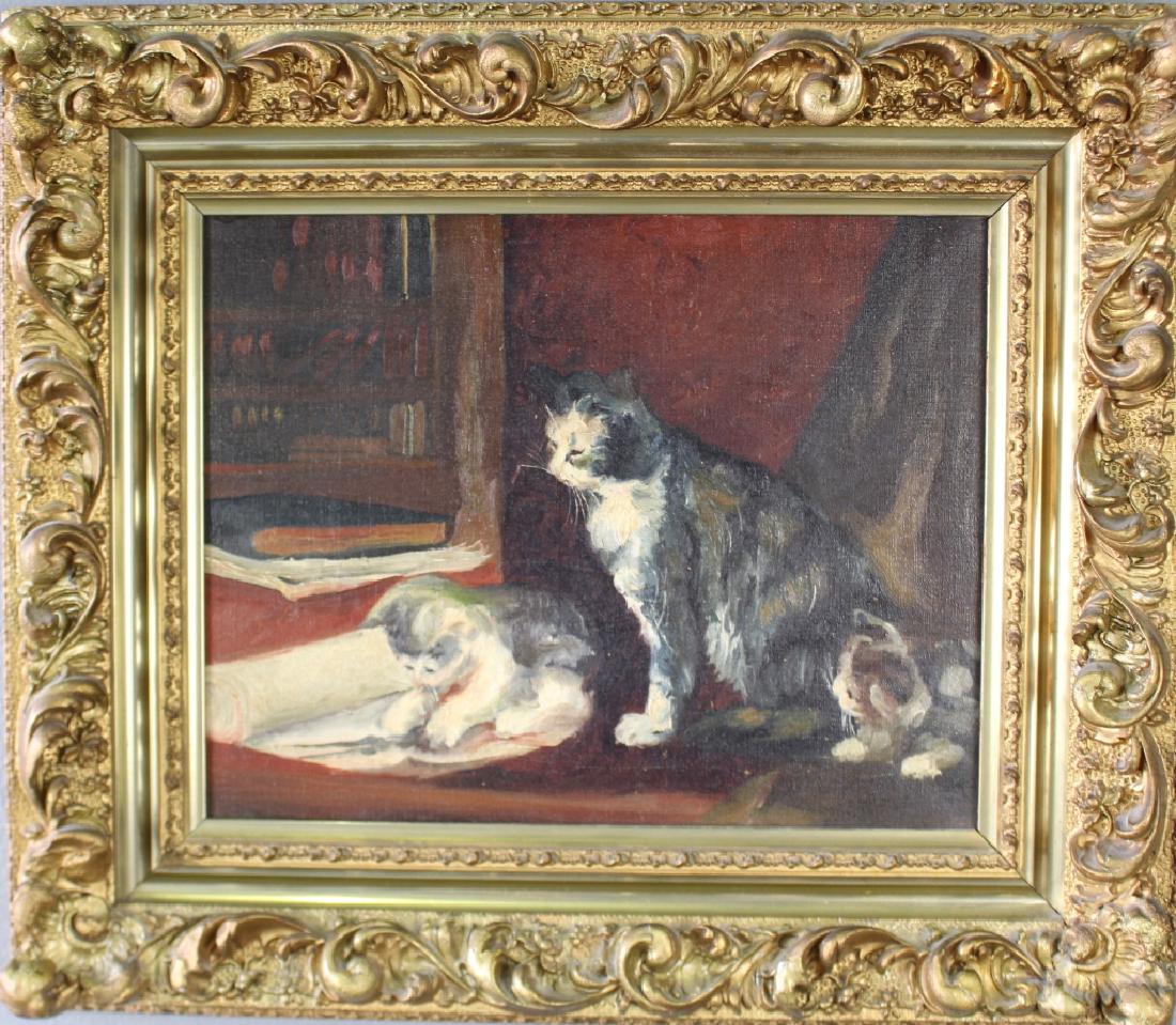 Late 1800s Oil on Canvas "Kittens & Mother Cat": Late 1800s oil on canvas of 2 kittens & mother cat, no visible artist signature, image 13.5" x 10.5", in very nice frame 21" x 18" gold gesso. Good condition.