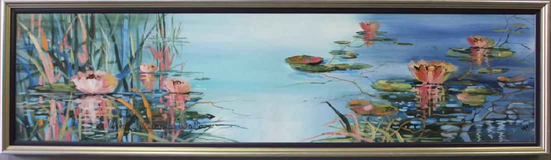 Jo Ann Williams Walker, Oil on Canvas: Jo Ann Williams Walker, NC/FL, oil on canvas, brightrly colored waterscape of lilies, unusual size 15" x 60" in custom frame 18" x 63", beautiful condition.