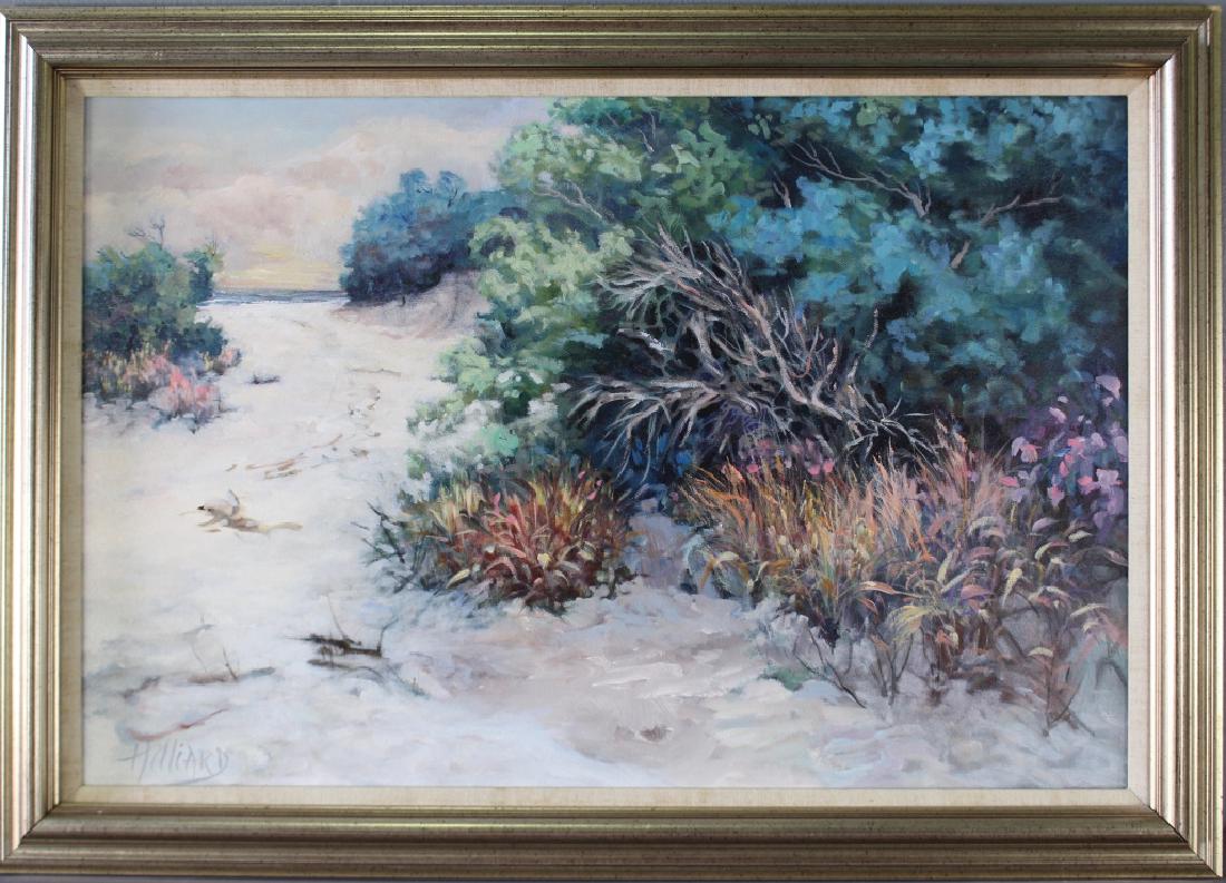 Joan Hilliard, 20th Century: Joan Hilliard, 20th century landscape artist, oil on canvas, "Dune Walks I", sandy trail to beach scene, image 20" x 30", frame 35" x 24". Good condition.