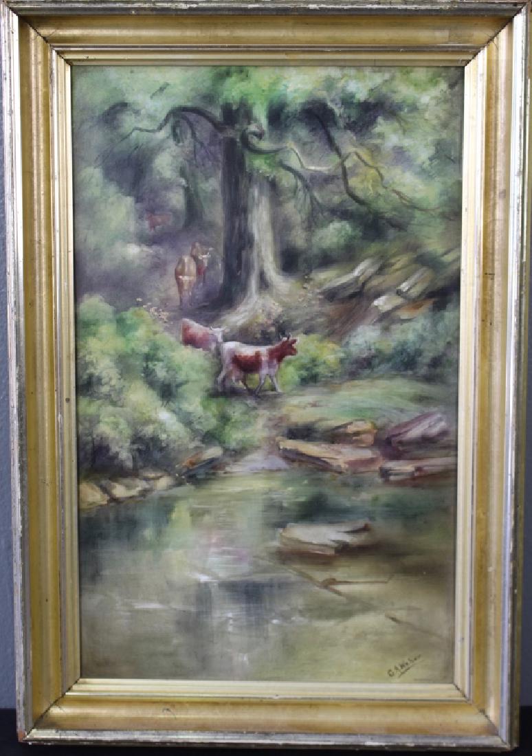 G. Alison Weber Hand Painted Porcelain Plaque: G. Alison Weber hand painted porcelain plaque, bovine subject matter, trees, stream in gold frame 12" x 17.5", image 9" x 14.5", signed G.A. Weber lower right, good condition.