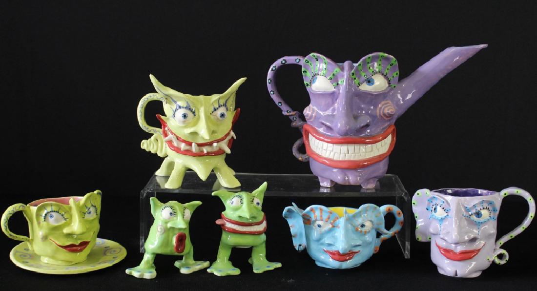 Mark Switzer for Silvestri Ceramic Group: Mark Switzer for Silvestri Ceramics 8 piece group: Teapot, salt and pepper, 3 mugs, cup and saucer. All handmade & painted. Crazy whimsical faces and colorful. All signed & most dated from 1995-97. Mi