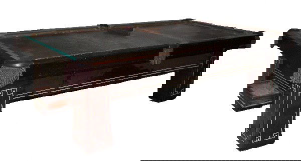 Brunswick full size mahogany pool table w/pencil: Brunswick full size mahogany pool table with pencil inlay and original ball returns 32"h x 59"w x 110"dAuction Estimate $1,250-2,500