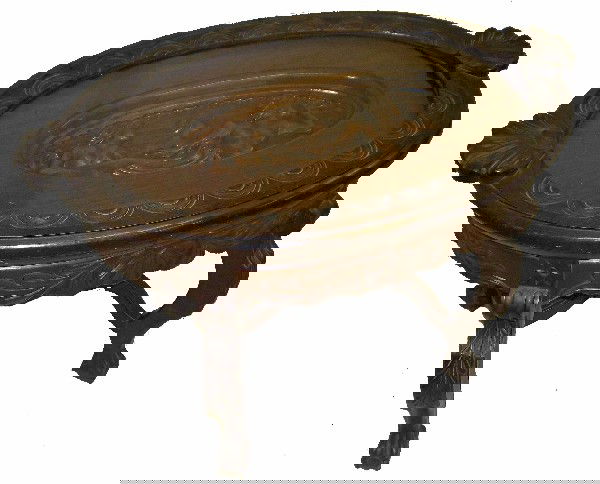 Ca. 1900 walnut tray top table w/inlaid top: Ca. 1900 carved walnut tray top table with unusual inlaid top 21"hx31"wx19"d Auction Estimate $250-450