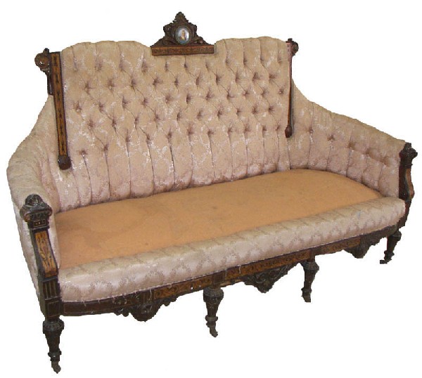 19th C. rosewood detailed inlaid sofa: 19th C. rosewood detailed inlaid sofa with porcelain plaque attrib. Pottier and Stymus 45"hx73"wx25"d Auction Estimate $1250-1500