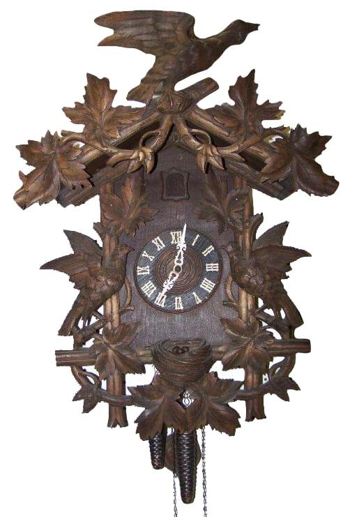 19th C. Black Forest carved cuckoo clock w/birds: 19th C. Black Forest carved cuckoo clock with detail carved birds,nest with eggs and foliage 28"h x 21"w Auction Estimate: 600 - 1200