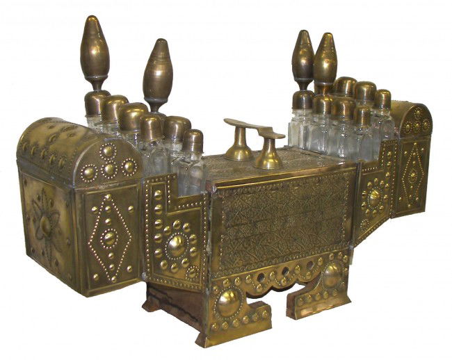 Brass shoe shine stand w/bottles 19th C. hand hamm: 19th C. hand hammered brass shoe shine stand with bottles 13"h x 28"w