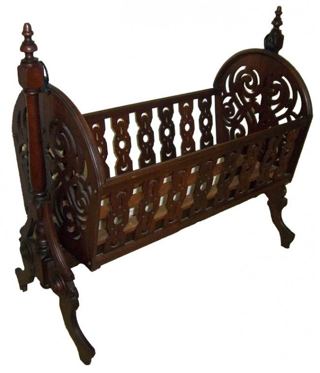 Unusual C1860 American Walnut cradle Unusual C1860: Unusual C1860 American Walnut cradle with detail pierced carvings 38 x 42 x 20