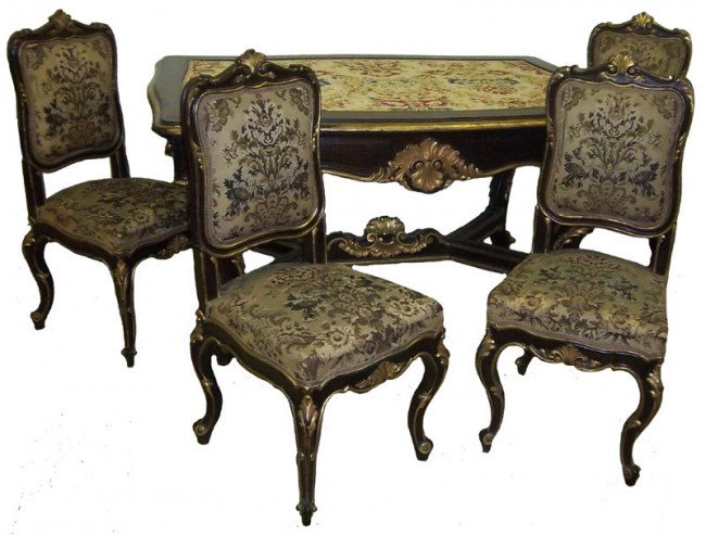 Large 19th C. Walnut & water gilt parlor table Lar: Large 19th C. Walnut and water gilt parlor table with four matching chairs 31"h x 59"w x 41"d