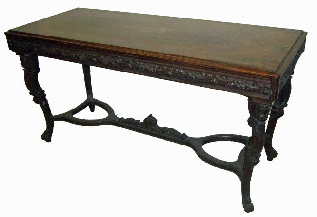 C1890 detail carved rosewood American sofa table R: Rare C1890 detail carved rosewood American sofa table with carved cupids 31 x 60 x 25