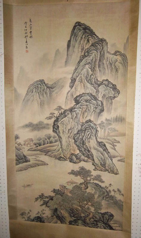 Large scroll painting of landscape with village: Large scroll painting of landscape with village signed Yuan Jiang 53 x 27 Auction Estimate 300-600