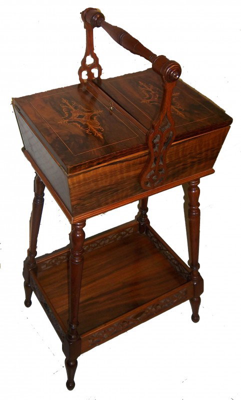 English Edwardian rosewood & inlaid sewing stand: Ca. 1900 English Edwardian rosewood and inlaid sewing stand 34"hx15"wx11"d Auction Estimate $450-900
