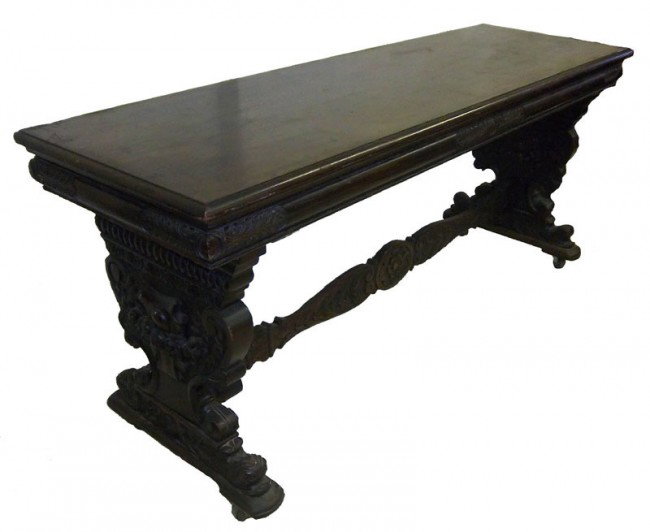 19th C. walnut sofa table w/fruit cluster: 19th C. walnut sofa table with detail carved cluster of fruit 32"h x 72"w x 23"d Auction Estimate $600-1,200