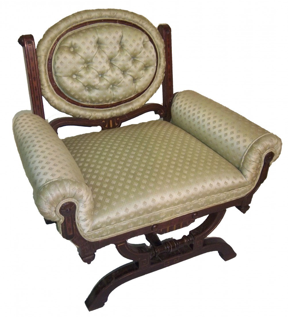 19th C rosewood slipper chair attrib. P & S: Rare 19th C. rosewood detail inlaid Renaissance slipper chair attributed to Pottier and Stymus 32 x 32 x 22 Auction Estimate 400-800