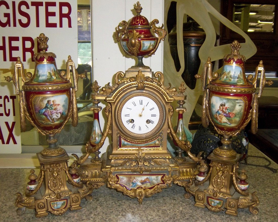 19th C. Dore French 3 piece Sevres clock set: 19th C. Dore French 3 piece Sevres clock set Auction Estimate 1250-2500
