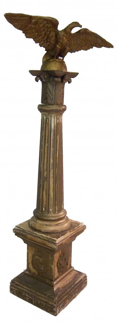 C1900 detail carved gilt and wood pedestal: C1900 detail carved gilt and wood pedestal with copper top from odd fellows hall 76 x 32 Auction Estimate 400-800