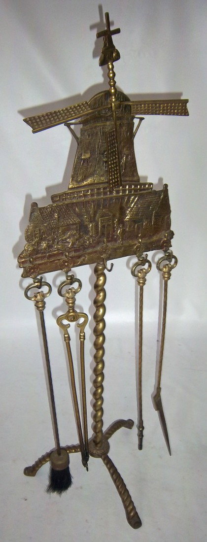 C1900 Oscar Bach bronze fireplace set: C1900 Oscar Bach bronze fireplace set with windmill 49"h Auction Estimate 300-600