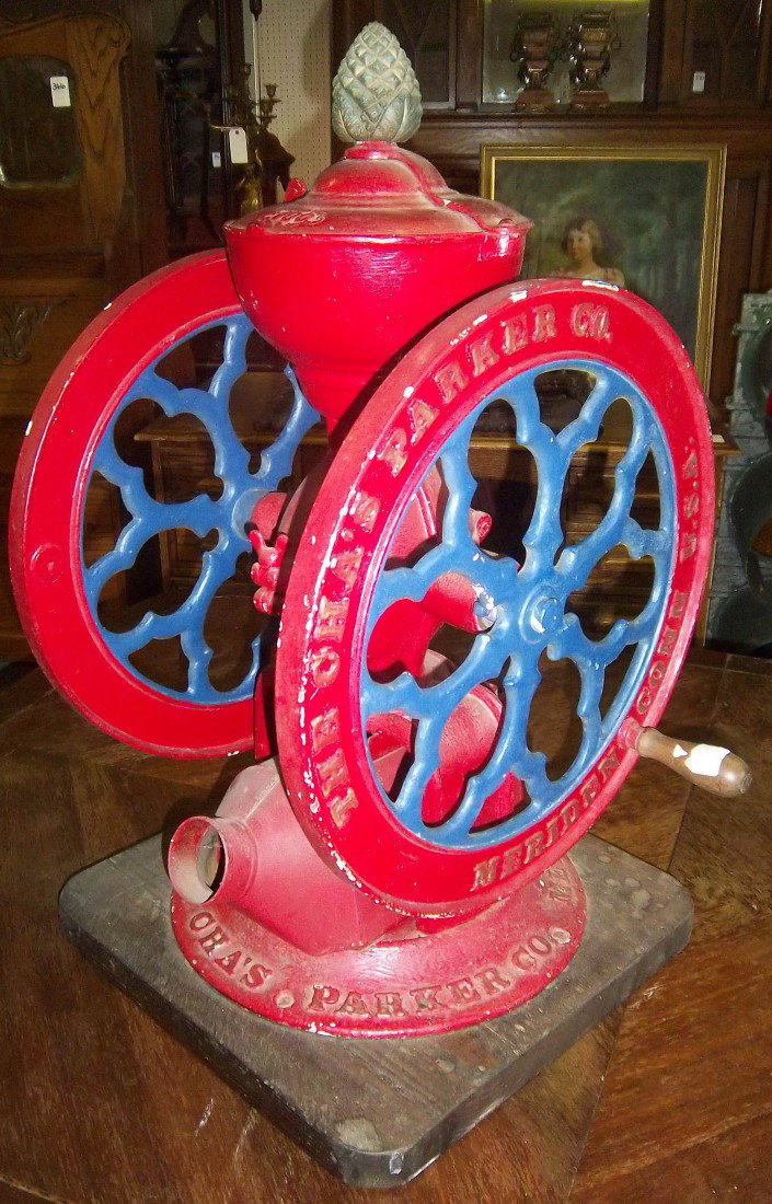 Large 19th C. cast iron double wheel coffee grinde: Large 19th C. cast iron double wheel coffee grinder "The Cha's Co." Meriden Ct. 29"h Auction Estimate 400-800