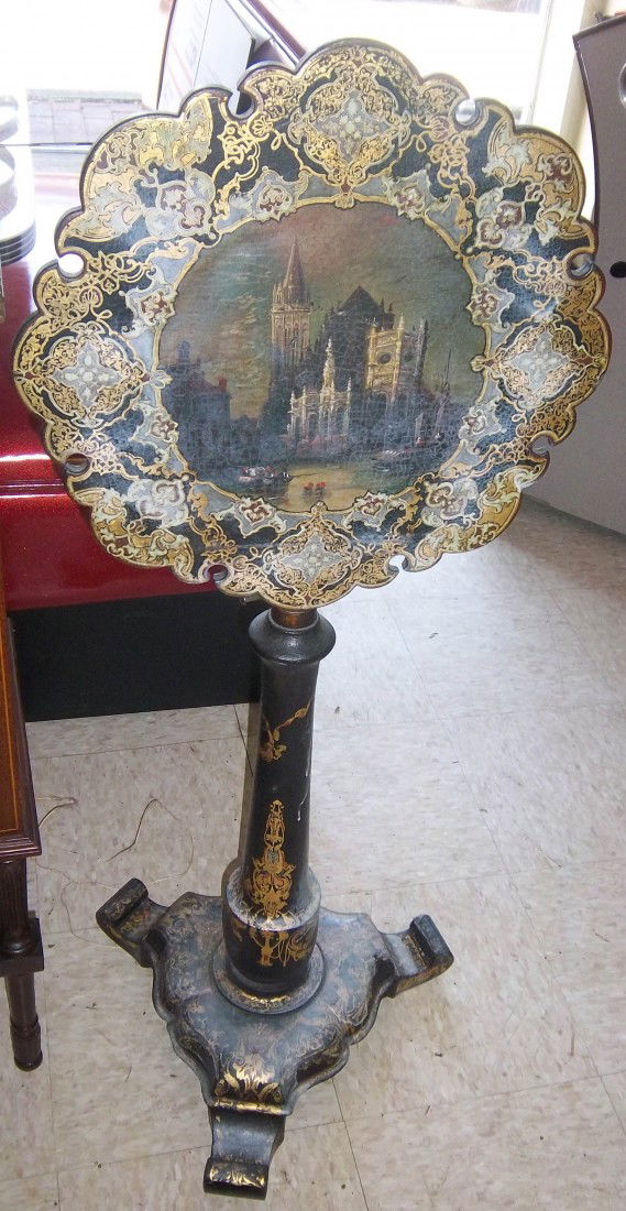 Rare 19th C. english papier mache screen table: Rare 19th C. english papier mache screen table with painted top 42"h Auction Estimate 300-600