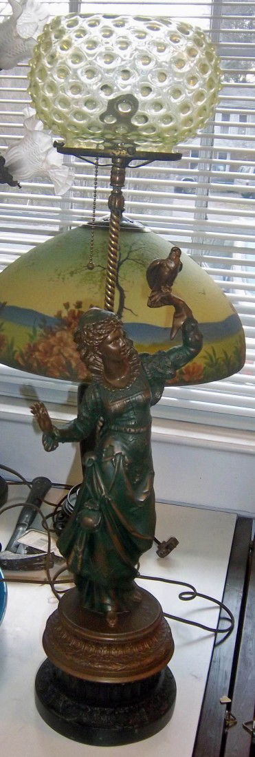 19th C. originally gas spelter newel post light: 19th C. originally gas spelter newel post light with original shade 30 1/2"h Auction Estimate 600-1200