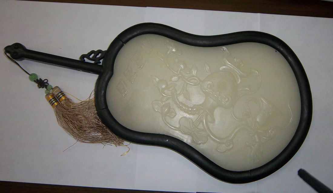 White Jade fan: White Jade fan 14"L Auction Estimate 400-600