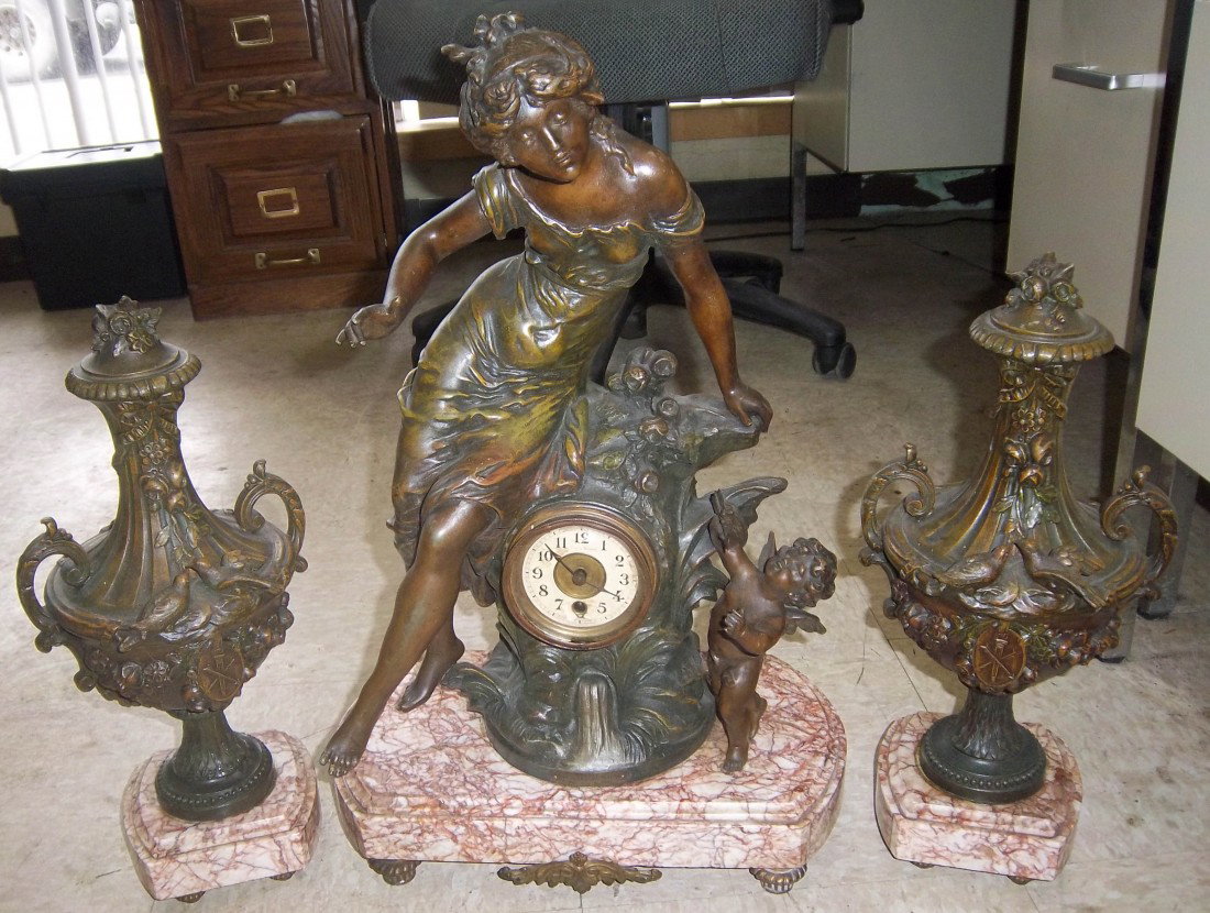 C1900 French 3 piece Moreau clock set: C1900 French 3 piece Moreau clock set 22"h Auction Estimate 800-1600