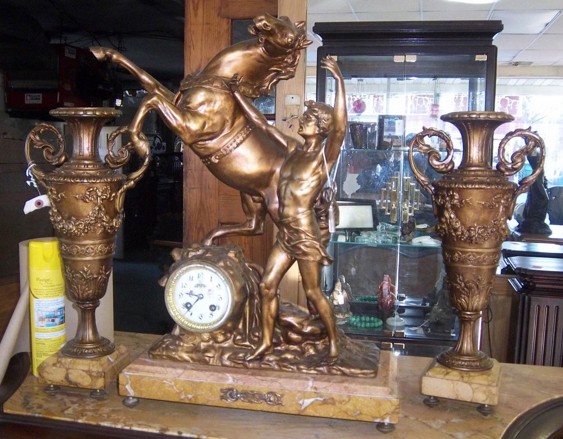 C1900 spelter and marble 3 piece clock set: C1900 spelter and marble 3 piece clock set 23"h Auction Estimate 600-1200