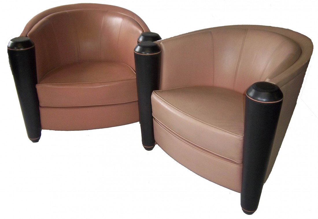 Pr of Italian leather club chairs by Adam Tihany: Pair of Italian leather club chairs by Adam Tihany 30"h Auction Estimate 1750-3500