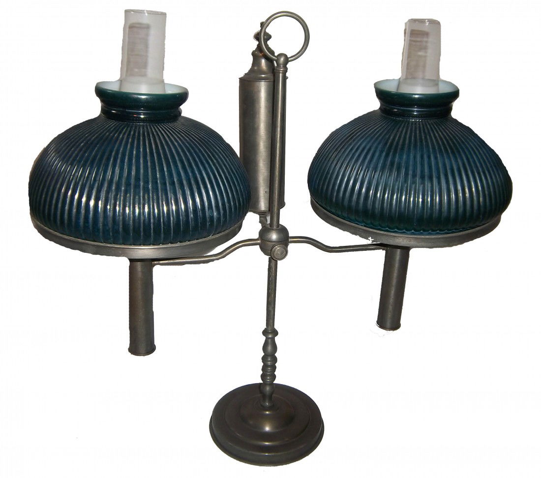 Large Ea. 20th C. brass double student lamp: Large Ea. 20th C. brass double student lamp with original green cased glass shades 24 x 25 Auction Estimate 200-400