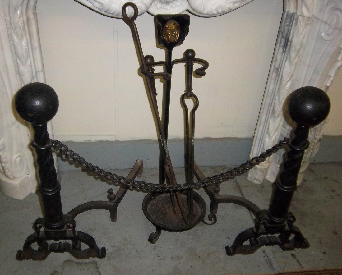 19th C. 3 piece cast iron fireplace set: 19th C. 3 piece cast iron fireplace set with andirons and tools 27"h Auction Estimate 300-600