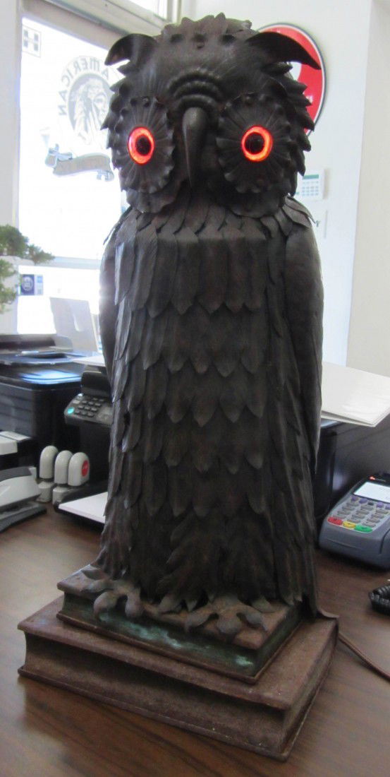 Arts and crafts metal owl newel post light: Arts and crafts metal owl newel post light 20 1/2" H Attributed to Hugo Berger Goberg Auction Estimate 2000-4000