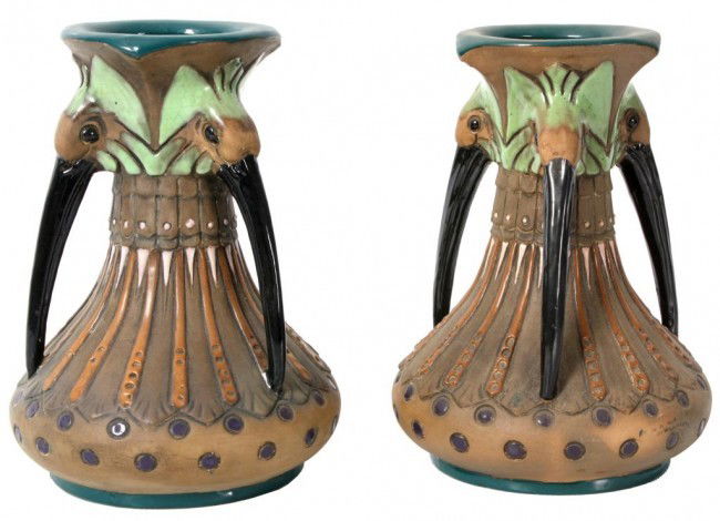 Pr. Amphora Handled Vases with Birds signed 9"h: Pr. Amphora Handled Vases with Birds signed 9"h Auction Estimate 400-800