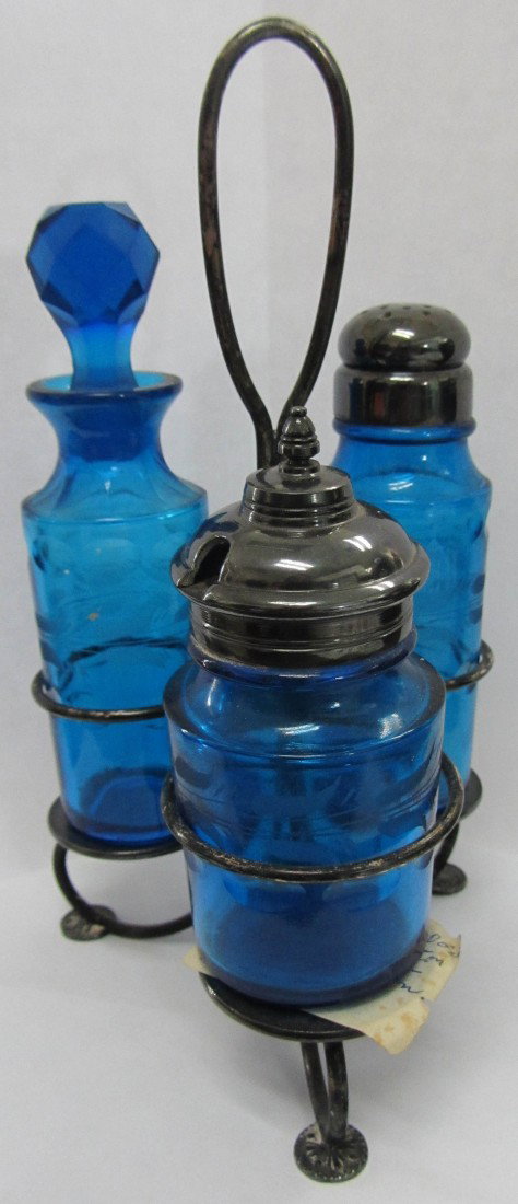 Pairpoint Cruitt set with Mount Washington cut glass: Mount Washington Cruitt set with Pairpoint cut glass jars 8"h