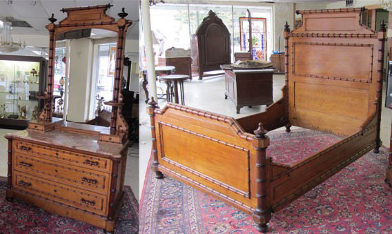 19th C. Faux Bamboo 2 piece marbletop bedroom set: 19th C. Faux Bamboo 2 piece marbletop bedroom set (Bed 70"h x 61"w)(Dresser 92"h x 53"w x 26"d)
