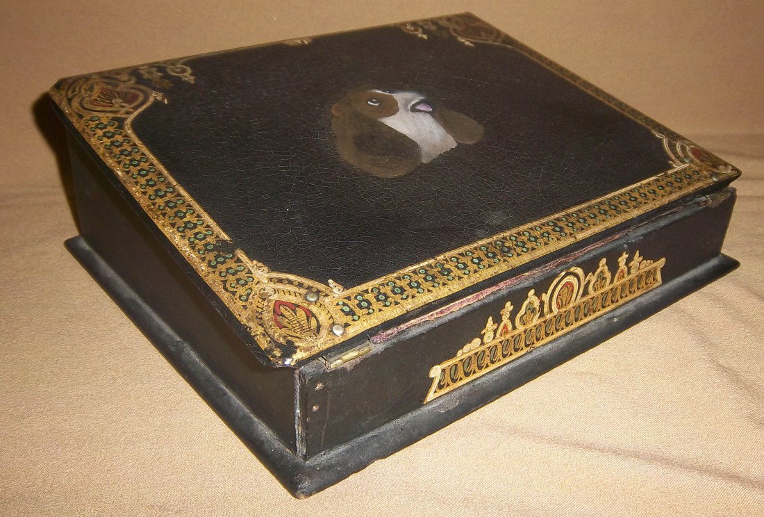 Mid 19th C papier mache lap box: Mid 19th C papier mache lap box decorated with dog head 3 1/2"h