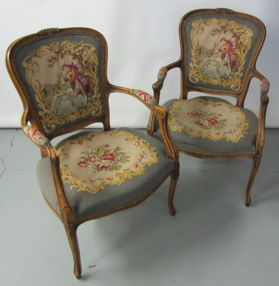Pr C1900 French armchairs with detail needlepoint: Pr. C1900 French armchairs with detail needlepoint 34"h