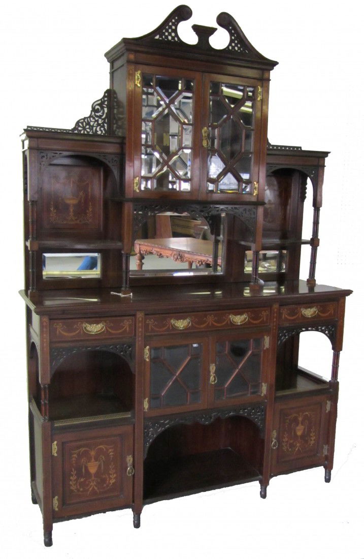 19th C. Mahogany inlaid and bevel glass curio: Fabulous 19th C. Mahogany inlaid and bevel glass curio with broken arch top 82 x 60 x 18 Auction Estimate 1000-2000