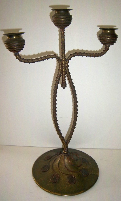 Rare sgd. Tiffany Studios #809 3 arm candlestick: Rare sgd. Tiffany Studios #809 dore bronze 3 arm candle stick with rope twist decoration Auction Estimate 17"hx10 1/2"w $600-1,200